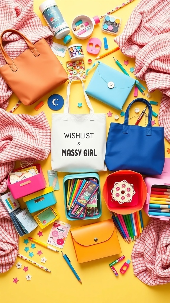 Creative Christmas Wishlist Ideas for Messy Girls A flat lay of colorful storage bins, tote bags, art supplies, and cozy blankets on a bright background.